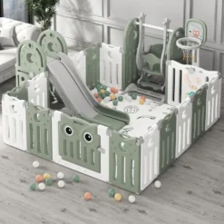 Merax Laufgitter Faltbar Laufstall Baby Absperrgitter 14+2 Paneele Schutzgitter Mit Schaukel, Rutsche, Basketballkorb Und BB-Sound-Knopf, Krabbelgitter Aus Kunststoff Für Kinder, Grün+ Weiß