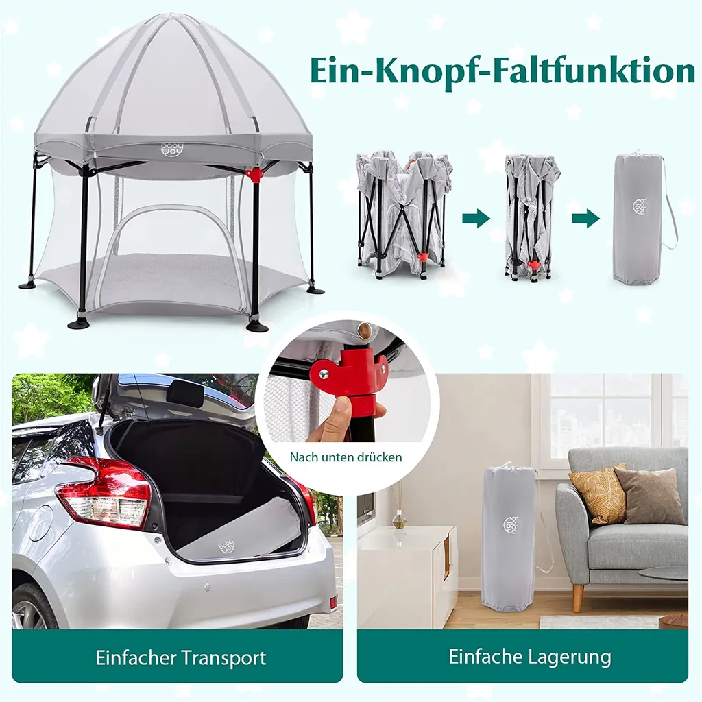 COSTWAY Sechseckiger Laufstall, Ein-Knopf-Faltung Laufgitter Mit Abnehmbarem Baldachin & Reißverschlusstür & Tragetasche & Matte, Absperrgitter Aus Mesh & Oxford-Tuch Für Baby 6-36 Monate Grau – Bild 2