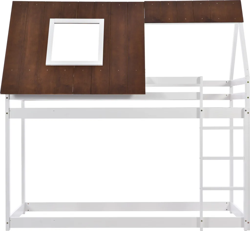 Merax Etagenbett Mit Rechtwinkliger Leiter Und Fallschutz, Dach Und Zäune, Kinderbett 90x200cm Stockbett Hausbett Aus Kiefer, Weiß Und Braun – Bild 10