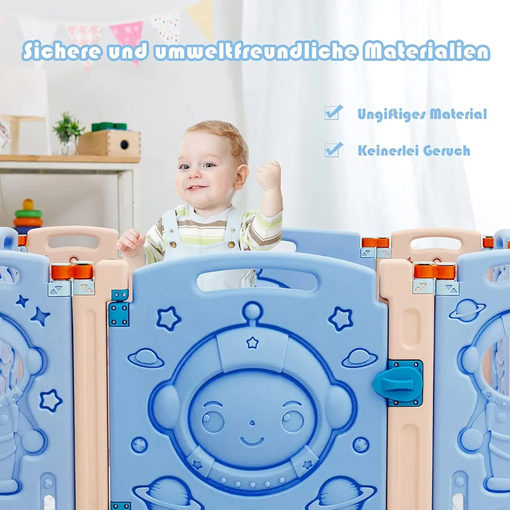 COSTWAY Laufgitter Mit Tür Und Spielzeugboard, Baby Laufstall Faltbar, Absperrgitter Aus Kunststoff, Krabbelgitter, Spielzaun Für Kinder, Schutzgitter (16 Paneelen) – Bild 2
