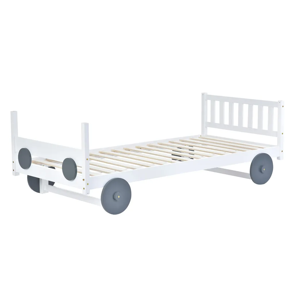 Merax Kinderbett 90x200cm Autobett Mit Lattenrost Und Rädern, Abnehmbarer Rahmen, Rahmen Aus Kiefer, Einzelbett Jungenbett Babybett Für Mädchen Und Jungen, Weiß – Bild 12