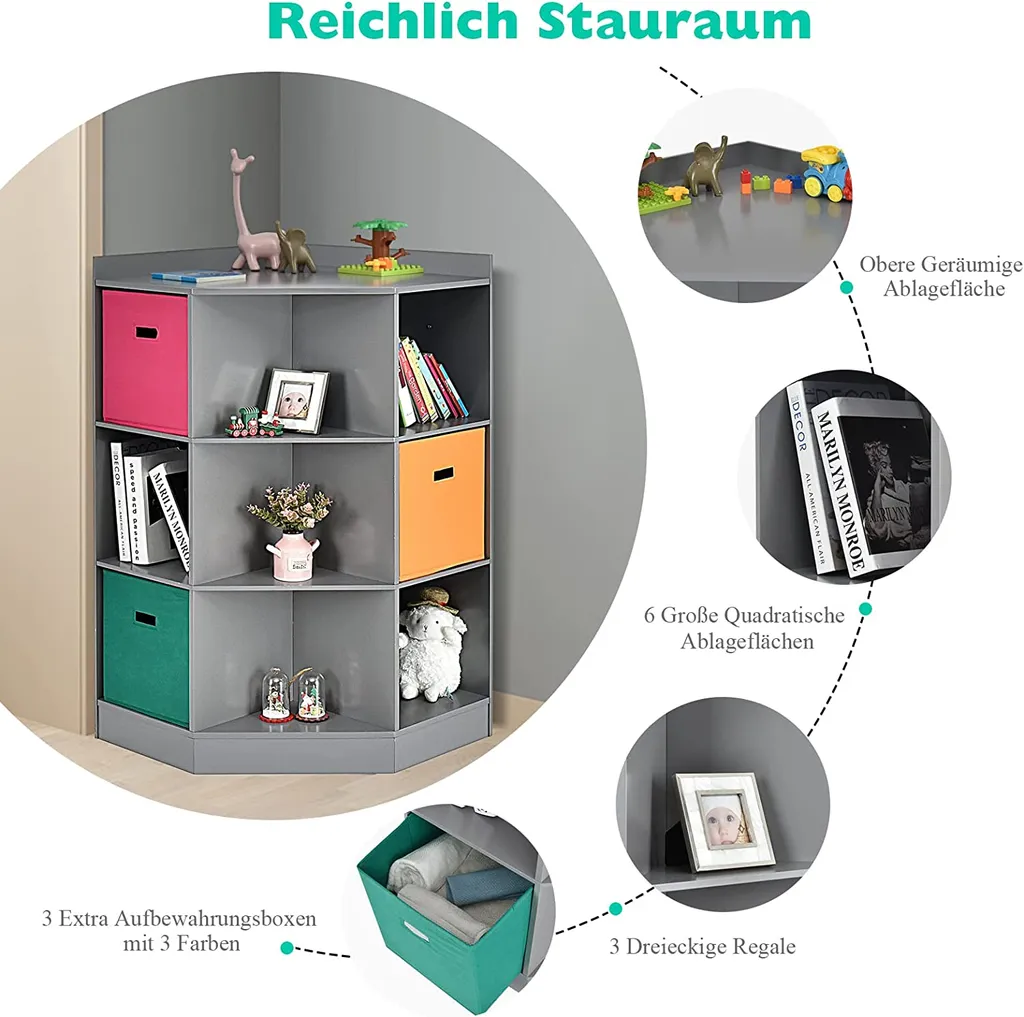 COSTWAY 3-stöckiges Kinderregal Mit 6 Offenen Regalen & 3 Farbigen Körben, Moderner Eckregal Zur Aufbewahrung, Aufbewahrungsschrank Mit 9 Fächern, Beistellschrank Für Kinderzimmer, Wohnzimmer (Grau) – Bild 3