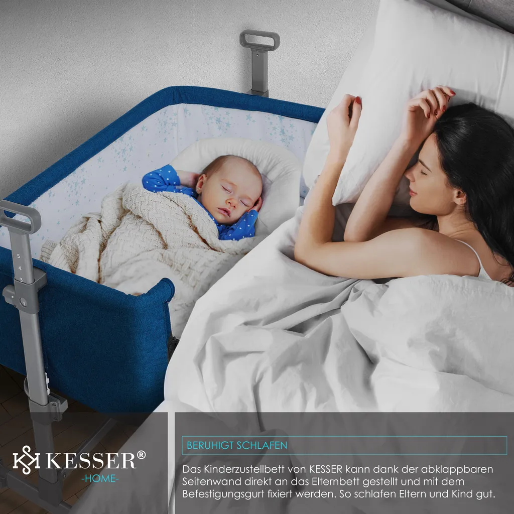 KESSER® Zustellbett Hubi 3in1 Baby Beistellbett Reisebett Babybett Mit Weich Matratze, Mit Rollen Kinderbett, 5-fach Höhenverstellung, Faltbare Seitenwand Für Zu Hause Und Unterwegs, Farbe:Blau – Bild 5