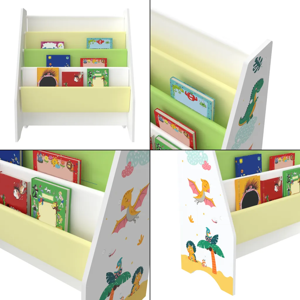 Kinderregal Fisterra Kinder-Bücherregal Freistehend Mit Dinosaurier-Motiv 74 X 62 X 29 Cm Kinderzimmerregal Mit 4 Offenen Ablagefächern Bücher-Organizer Weiß / Grün / Gelb – Bild 6