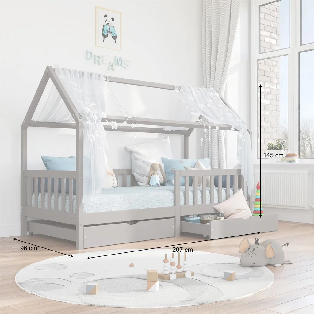 Hausbett NUNA Aus Massiver Kiefer, Montessori Bett In 90 X 200 Cm Mit Rausfallschutz, Spielbett Mit Schubladen, Modernes Kinderbett Mit Dach In Grau – Bild 3
