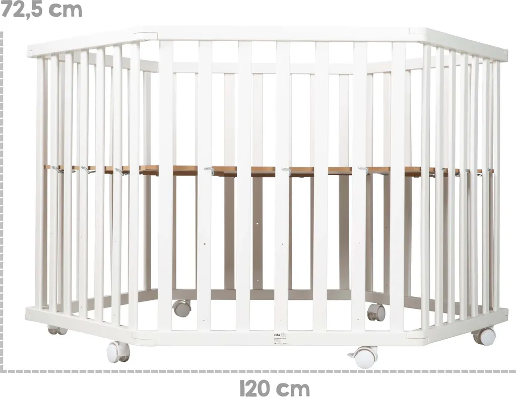 Roba Laufgitter, 6-eckig, Inkl. Schutzeinlage 'Little Stars' & Rollen, Holz Weiß – Bild 4