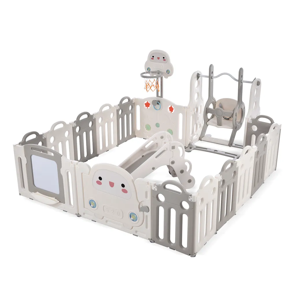 Merax Laufgitter Faltbar Laufstall Baby Absperrgitter 13+2 Paneele Schutzgitter Mit Schaukeln, Rutsche, Basketballkorb, Pinsel Und Zeichenbrett, Krabbelgitter 5-in-1 Laufgitter Für Kinder, Grau – Bild 13