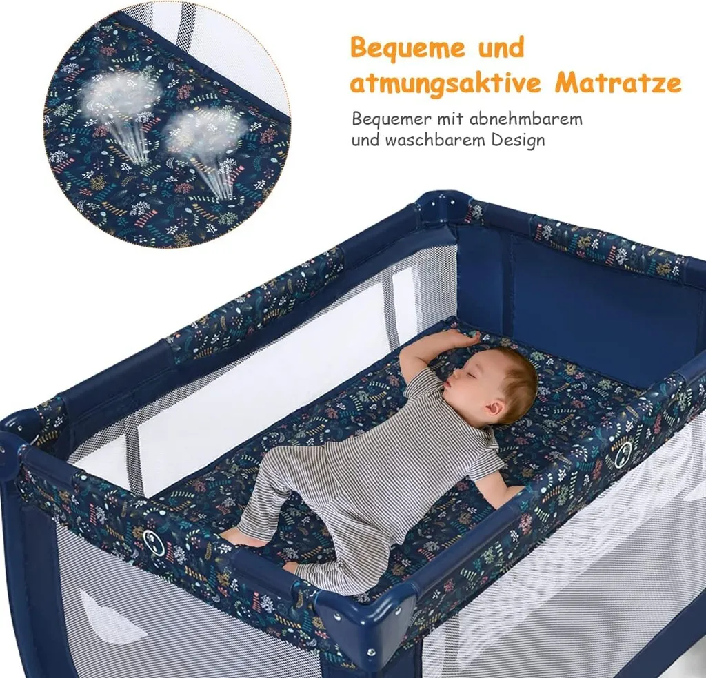 COSTWAY 2 In 1 Reisebett & Laufstall Klappbar, 120 X 60cm Kinderbett, 2 Ebenen Babybett Mit Matratze Und Tragetasche (Blau) – Bild 5