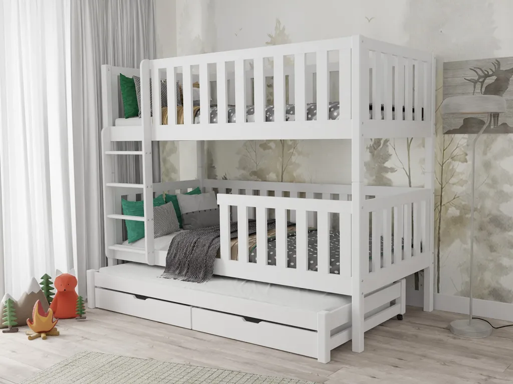 Etagenbett »Hochbett Kinderbett LUKAS Für 3 Kinder 90x200 Weiß« (mit Ausziehbett, Funktionsbett Inkl. Lattenrost, Rausfallschutz Und 2 Schubladen) – Bild 2