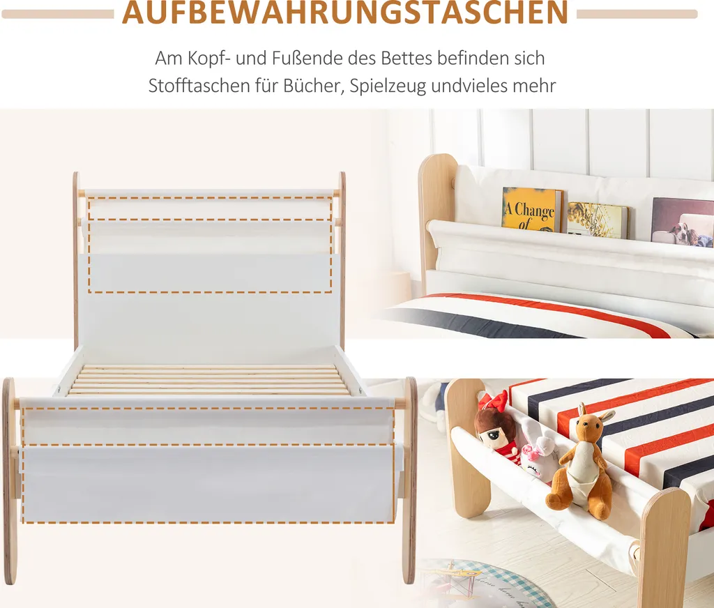 HOMCOM Kinderbett Jugendbett Hausbett Mit Betttasche Spielzeugtasche Ab 3 Jahre Holzbett Kinderzimmer Spielbett Einzelbett Kiefernholz Weiß+Natur 229 X 98 X 95 Cm – Bild 6