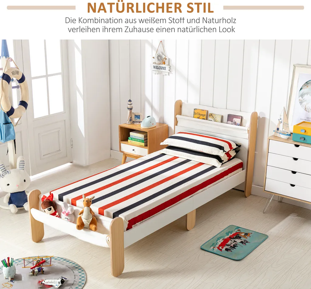 HOMCOM Kinderbett Jugendbett Hausbett Mit Betttasche Spielzeugtasche Ab 3 Jahre Holzbett Kinderzimmer Spielbett Einzelbett Kiefernholz Weiß+Natur 229 X 98 X 95 Cm – Bild 4