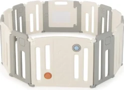 COSTWAY Faltbares Laufstall, Baby-Laufgitter Mit Tür & Spielpaneel & Sicherheitsschloss, Mit Whiteboard & Kugel & Soundknopf, Absperrgitter Für Babys & Kinder Von 6-36 Monaten, Beige (12+2 Paneelen)