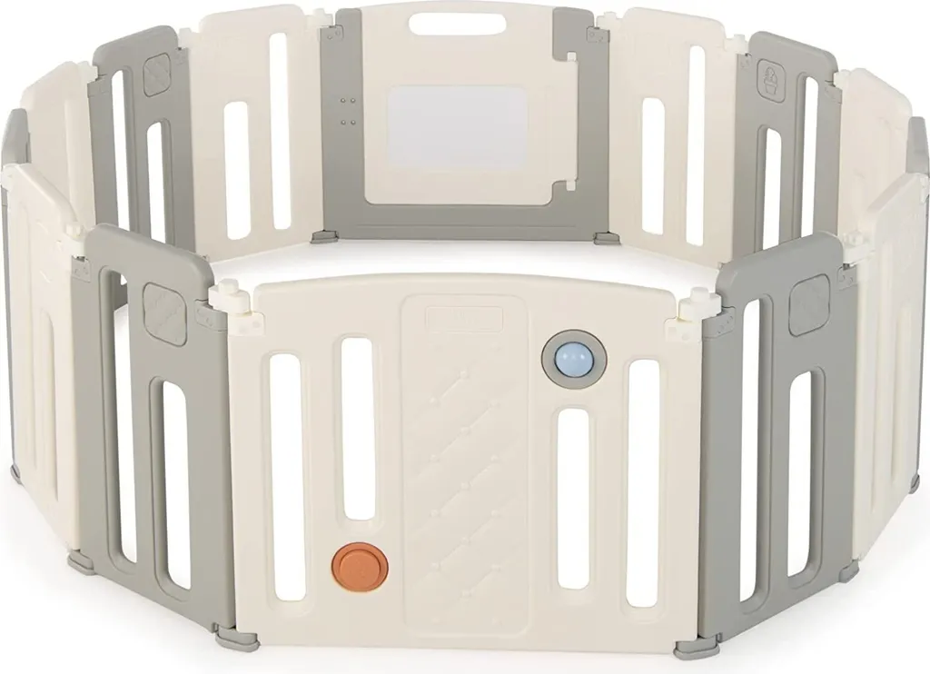 COSTWAY Faltbares Laufstall, Baby-Laufgitter Mit Tür & Spielpaneel & Sicherheitsschloss, Mit Whiteboard & Kugel & Soundknopf, Absperrgitter Für Babys & Kinder Von 6-36 Monaten, Beige (12+2 Paneelen)