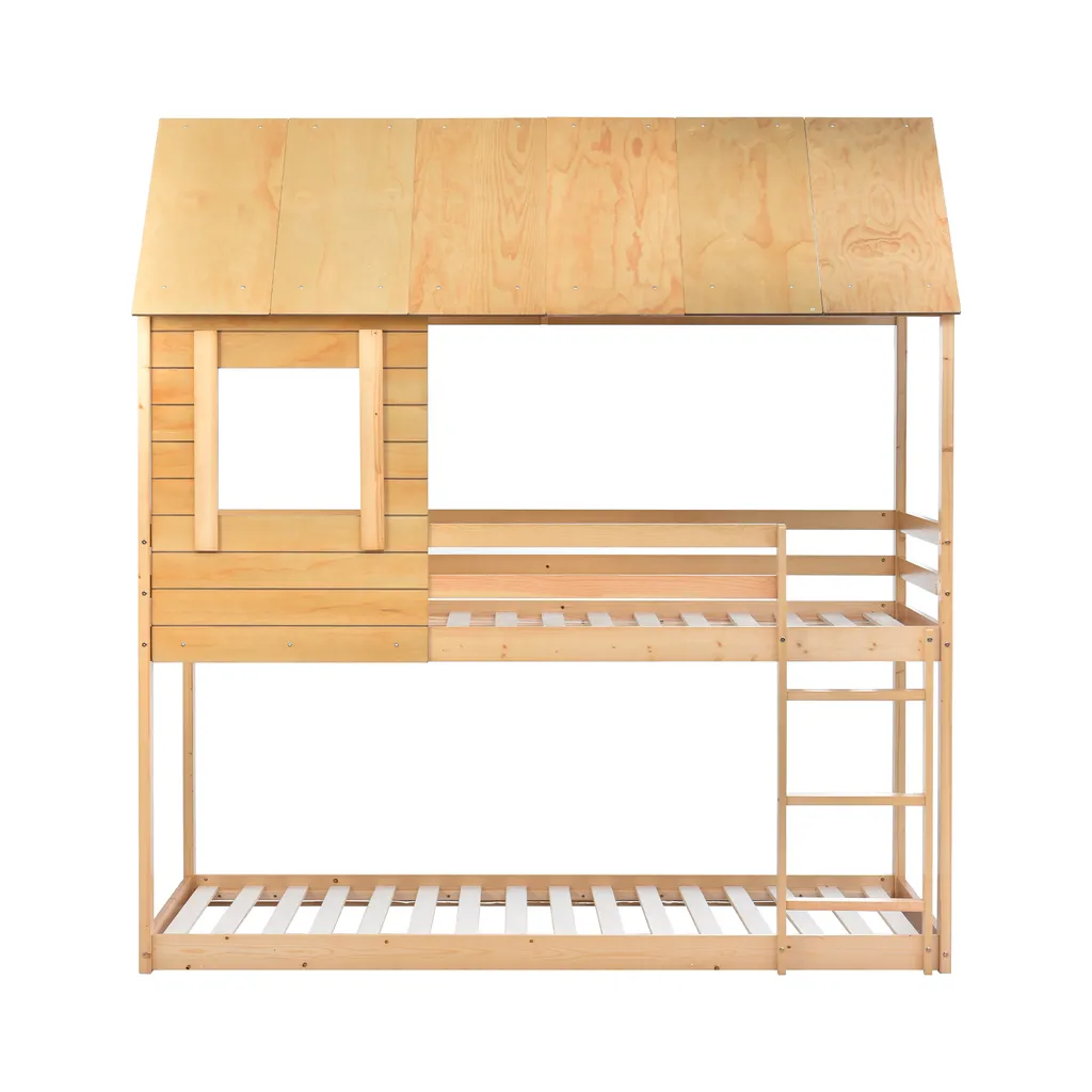 Merax Etagenbett 90x200cm Kinderbett Hochbetten Mit Dach, Leiter, Fenster Und Lattenrost, Doppelstockbett 2 Einzelbetten Für Kinderzimmer, Kiefernholz Rahmen, Eichenfarbe – Bild 7