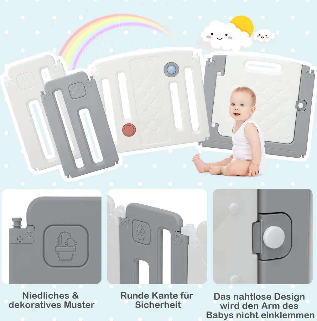 COSTWAY Faltbares Laufstall, Baby-Laufgitter Mit Tür & Spielpaneel & Sicherheitsschloss, Mit Whiteboard & Kugel & Soundknopf, Absperrgitter Für Babys & Kinder Von 6-36 Monaten, Beige (12+2 Paneelen) – Bild 6