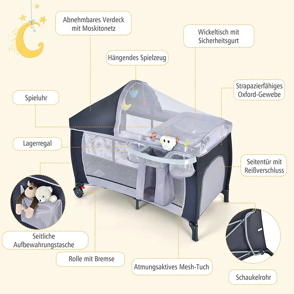 COSTWAY 4 In 1 Klappbares Reisebett & Babywiege & Wickeltisch & Laufstall Mit Schaukelfunktion, Inkl. Spieluhr, Spielbogen, Wickelauflage, Matratze, Windel Organizer Und Tragetasche (Grau) – Bild 6