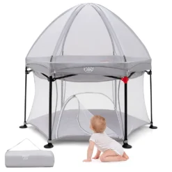 COSTWAY Sechseckiger Laufstall, Ein-Knopf-Faltung Laufgitter Mit Abnehmbarem Baldachin & Reißverschlusstür & Tragetasche & Matte, Absperrgitter Aus Mesh & Oxford-Tuch Für Baby 6-36 Monate Grau