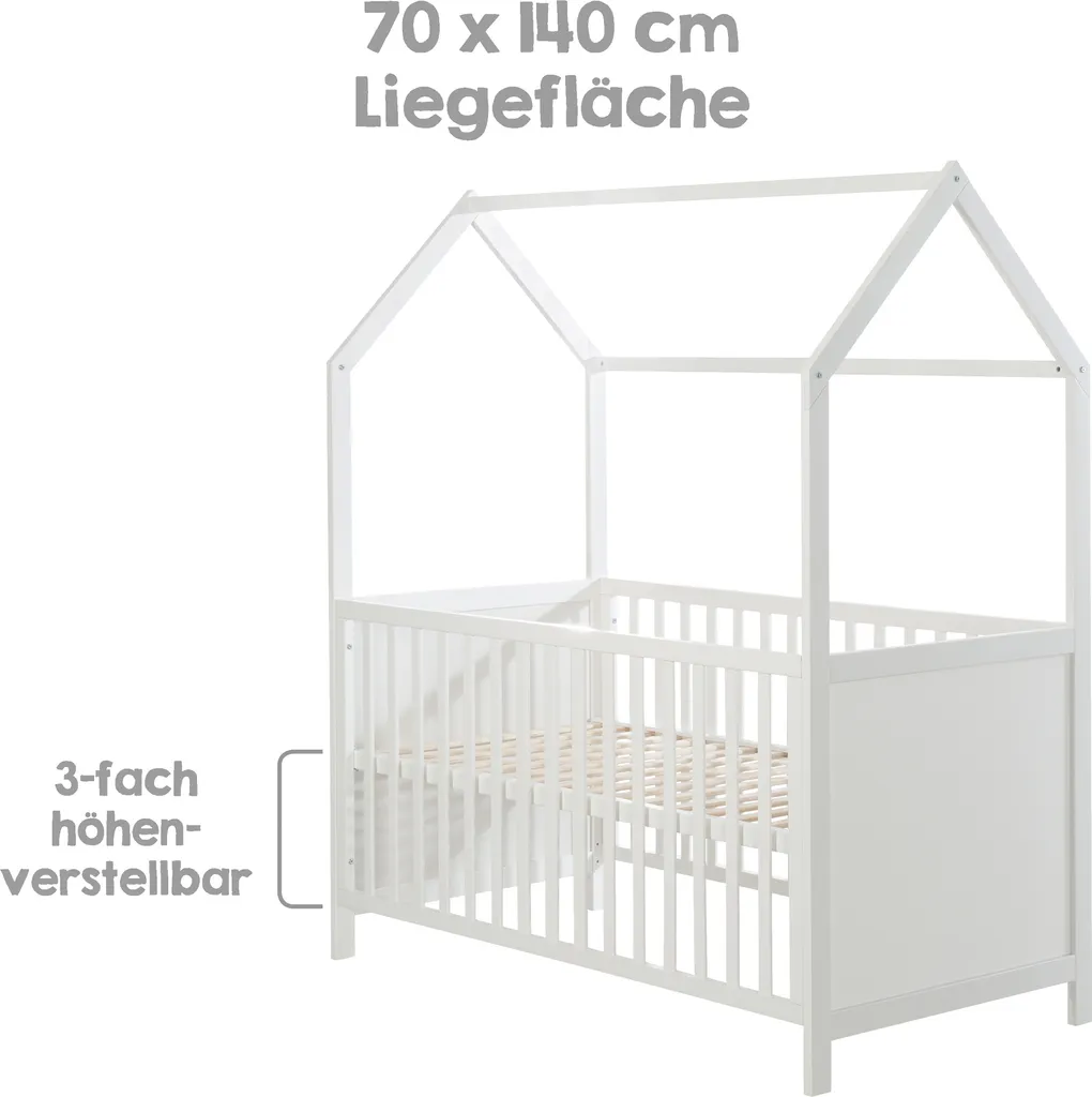 Roba Hausbett 70 X 140 Cm, Kombi-Kinderbett In Hausoptik, Weiß, 3-fach Verstellbar, Schlupfstäbe, Umbaubar Zum Juniorbett – Bild 8