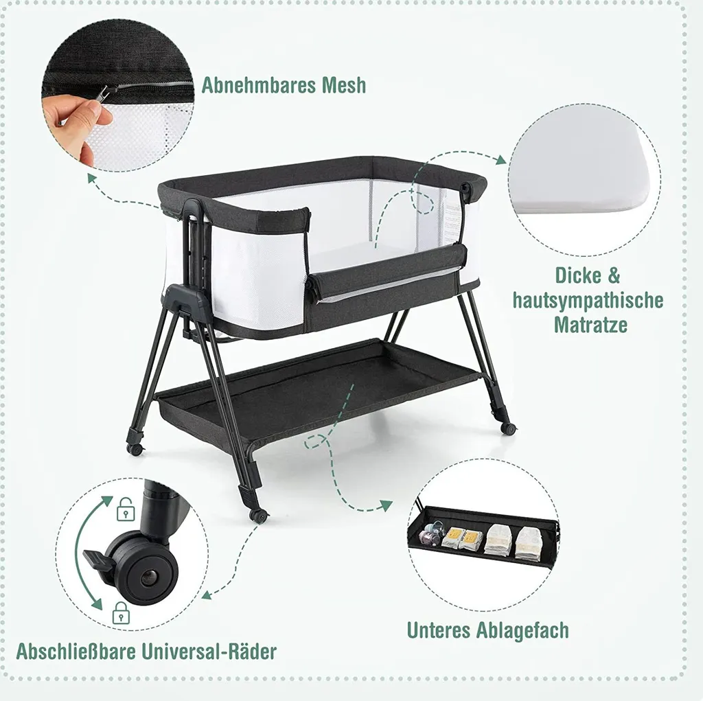 COSTWAY 2 In 1 Beistellbett & Stubenwagen Klappbar, Tragbare Babybett Mit 7 Verstellbaren Höhen & Matratze & Tragetasche & Gurte, Verstellbare Reisebett Für Neugeborene Bis 6 Monate (Dunkelgrau) – Bild 2