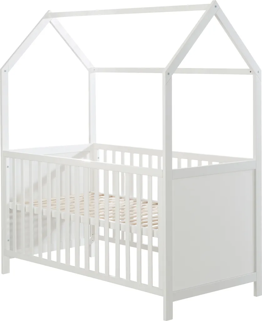 Roba Hausbett 70 X 140 Cm, Kombi-Kinderbett In Hausoptik, Weiß, 3-fach Verstellbar, Schlupfstäbe, Umbaubar Zum Juniorbett