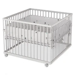 Sämann Laufgitter 100x100 Cm Mit Einlage - Stufenlos Höhenverstellbar Laufstall Baby Buche Weiß - Dots Grey