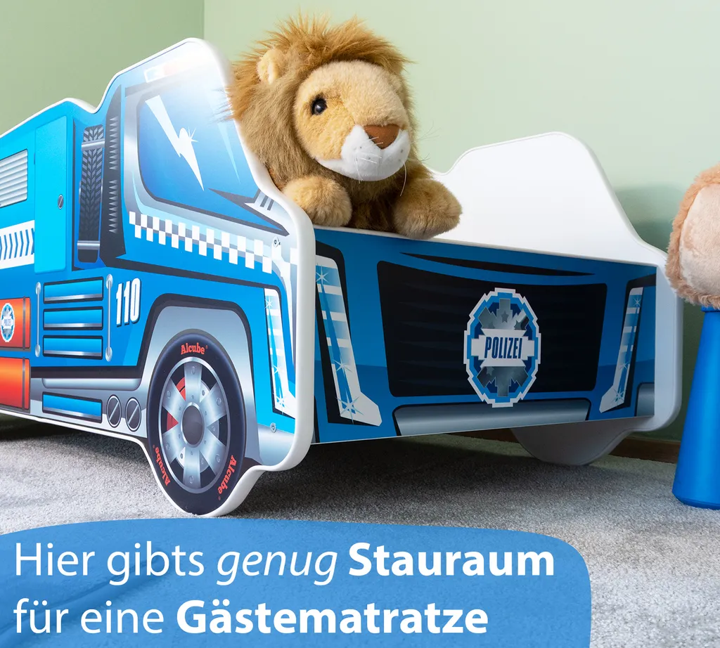Alcube® Autobett 70x140 Cm LKW Polizei Mit Matratze Und Lattenrost Kinderbett 70x140 TRUCK Spielbett Massivholzbett Blau – Bild 5
