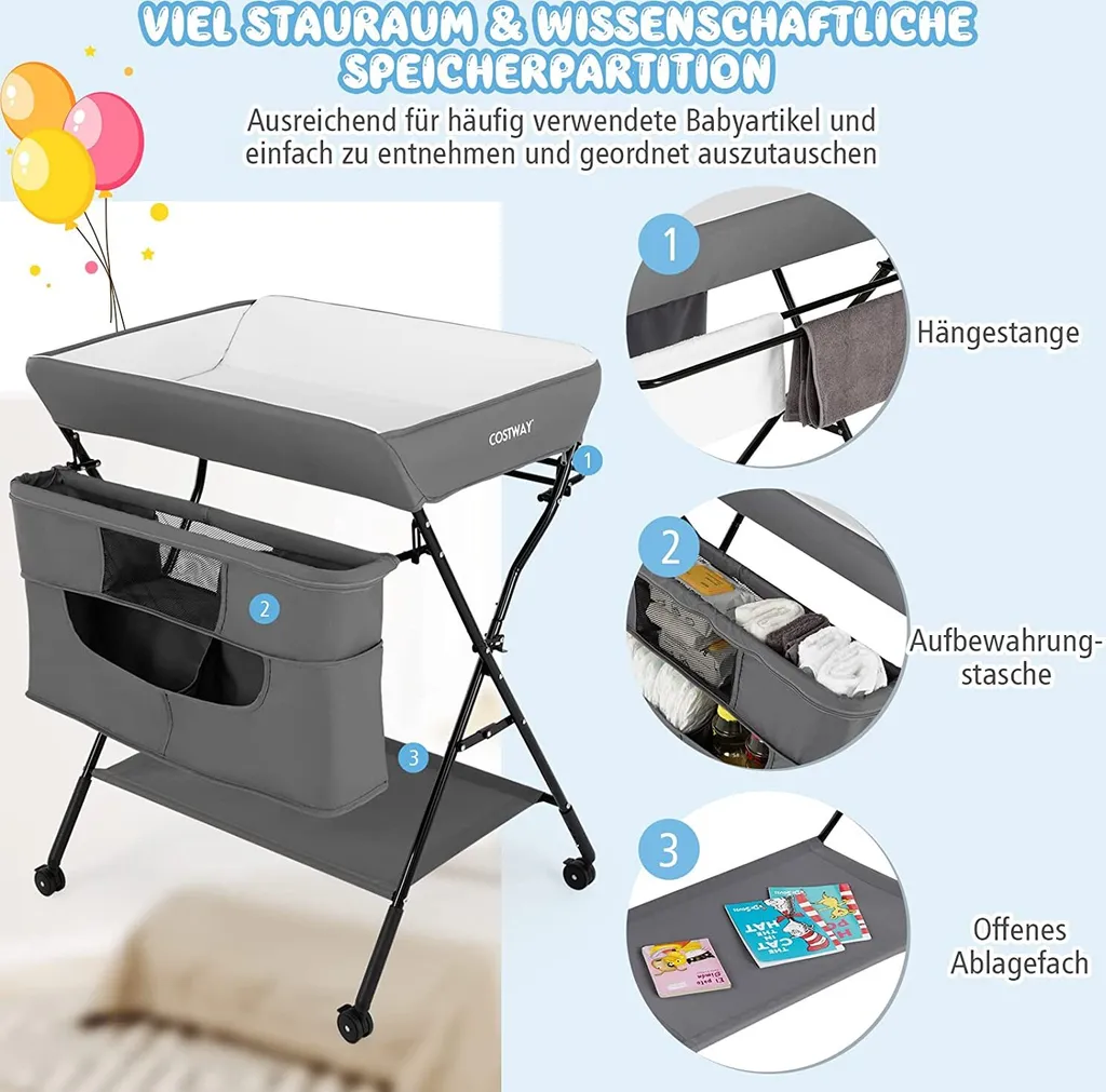 COSTWAY 4-in-1-Wickeltisch Für Baby Mit Rädern, Klappbarer Wickelkommode Für Neugeborene Mit 3-stufiger Höhenverstellung & Aufbewahrungstasche & Ablage, Wickelstation Für Kleinkinder (Grau) – Bild 6