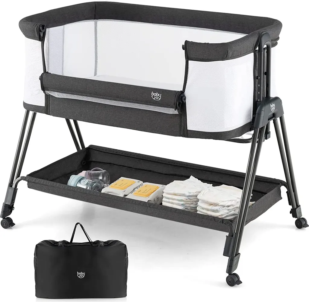 COSTWAY 2 In 1 Beistellbett & Stubenwagen Klappbar, Tragbare Babybett Mit 7 Verstellbaren Höhen & Matratze & Tragetasche & Gurte, Verstellbare Reisebett Für Neugeborene Bis 6 Monate (Dunkelgrau)