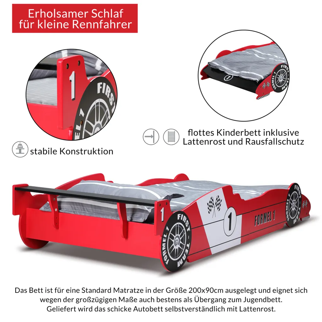 Kinderbett Formel 1 ✔200x90 Cm ✔inkl. Lattenrost ✔Holz ✔rot Schwarz Autobett Rennbett Bettgestell – Bild 9