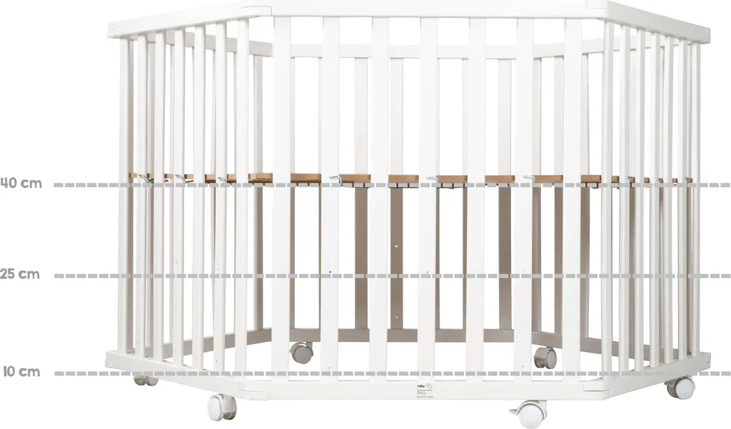 Roba Laufgitter, 6-eckig, Inkl. Schutzeinlage 'Little Stars' & Rollen, Holz Weiß – Bild 3