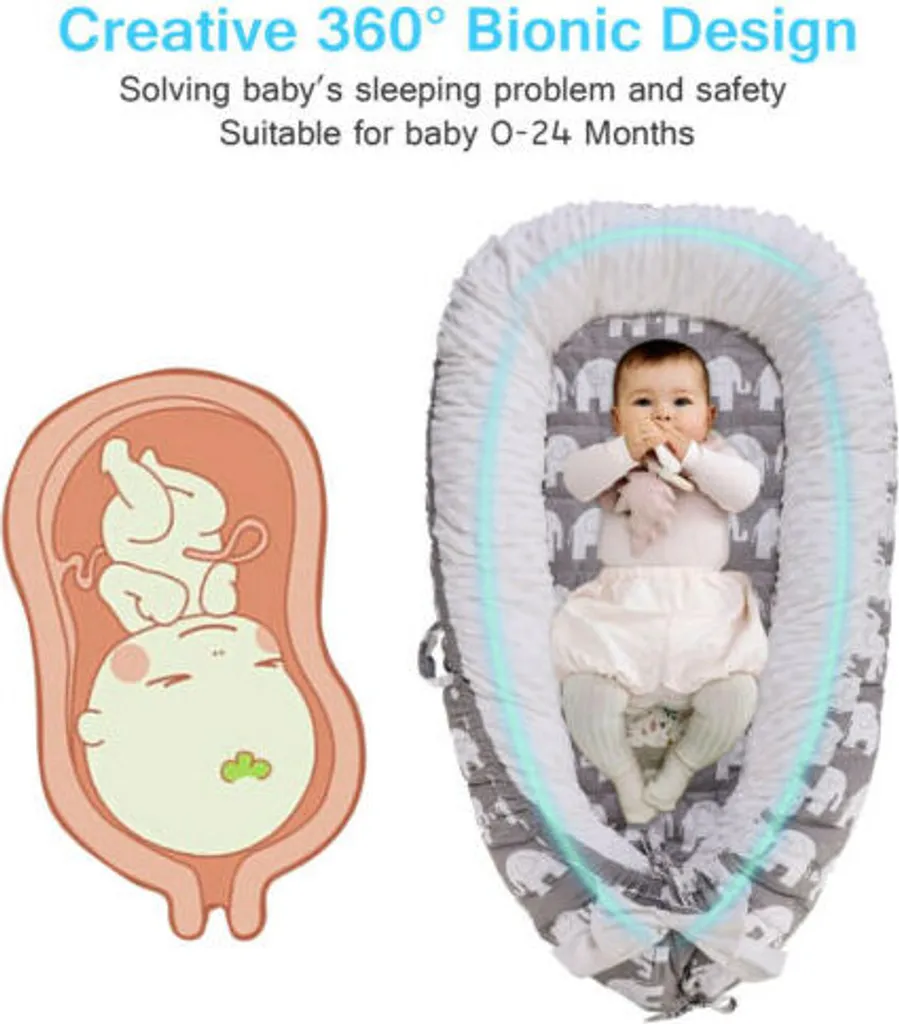 Topchances Kuschelnest Babynest Multifunktionales Nest Für Babys Säuglinge Reisebett, 100% Baumwolle Bionic Bett, Für 0-24 Monate Baby Und Säuglinge (Grau/Elefant) – Bild 2