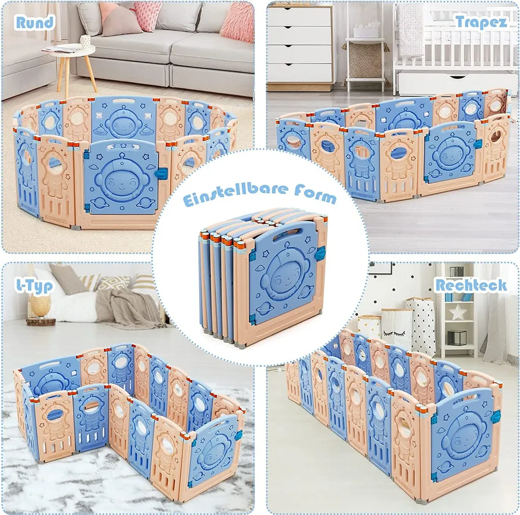 COSTWAY Laufgitter Mit Tür Und Spielzeugboard, Baby Laufstall Faltbar, Absperrgitter Aus Kunststoff, Krabbelgitter, Spielzaun Für Kinder, Schutzgitter (16 Paneelen) – Bild 3
