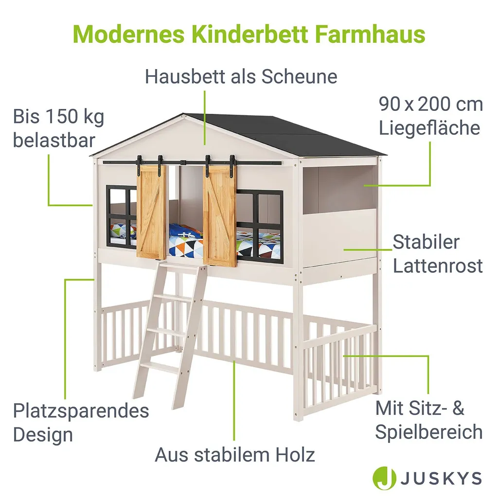 Juskys Kinderbett Farmhaus 90 X 200 Cm Mit Treppe, Dach & Fenster – Hochbett Rosa Für Kinder – Lattenrost Bis 150 Kg – Hausbett Aus Massivholz – Bild 3