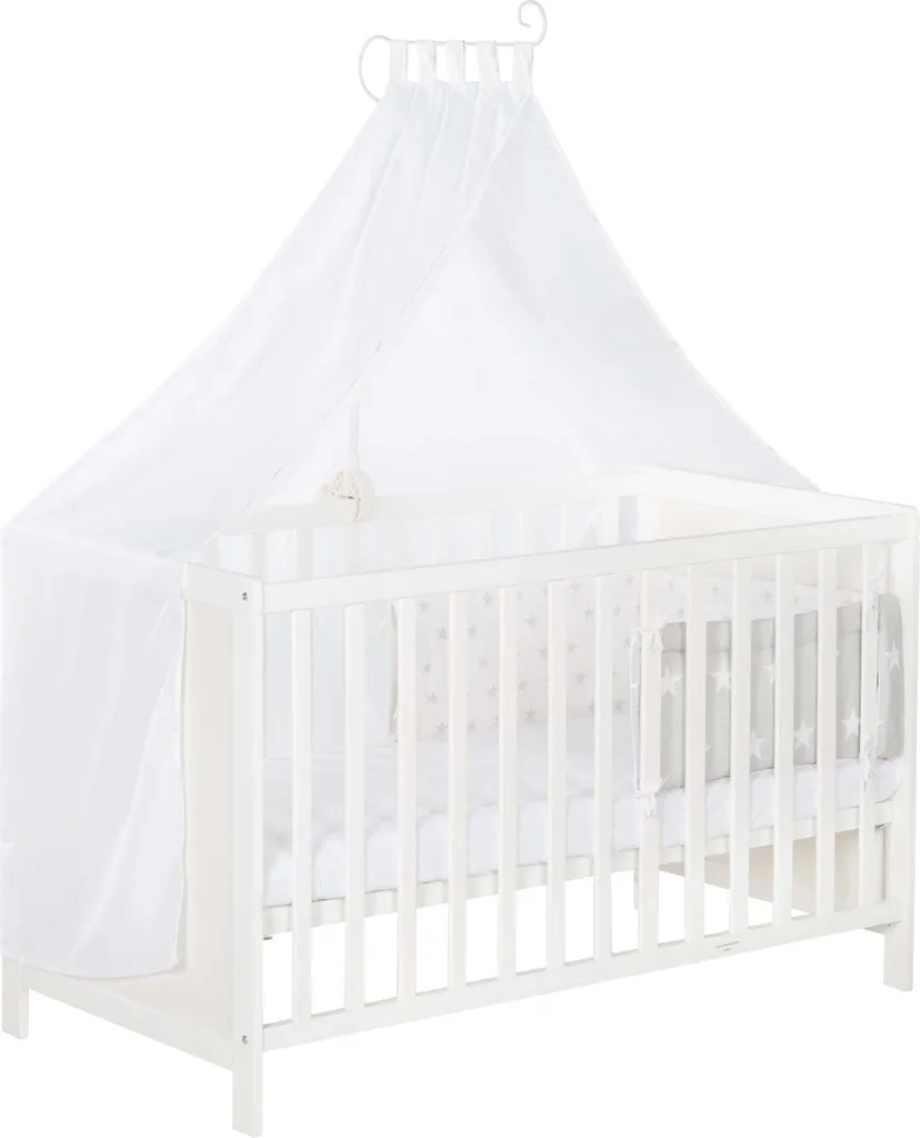 Roba Mulitfunktionsbett Sterne Grau Mit Beistellfunktion, Lattenrost, Matratze, Bettreduzierer, Himmel, Himmelstange, Kinderbett, Anstellbett, Babybett, Höhenverstellbar, Liegefläche 60x120 Cm, Weiß – Bild 3