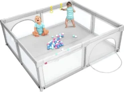 COSTWAY 206 X 185,5cm Baby Laufstall Mit 50 Spielbällen, Laufgitter Mit Atmungsaktivem Netz Und Reißverschluss, Krabbelgitter Mit 2 Türen, Laufgitterzelt Für Säuglinge Und Kinder (Grau)