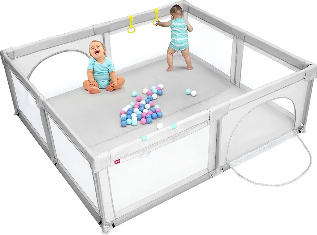 COSTWAY 206 X 185,5cm Baby Laufstall Mit 50 Spielbällen, Laufgitter Mit Atmungsaktivem Netz Und Reißverschluss, Krabbelgitter Mit 2 Türen, Laufgitterzelt Für Säuglinge Und Kinder (Grau)