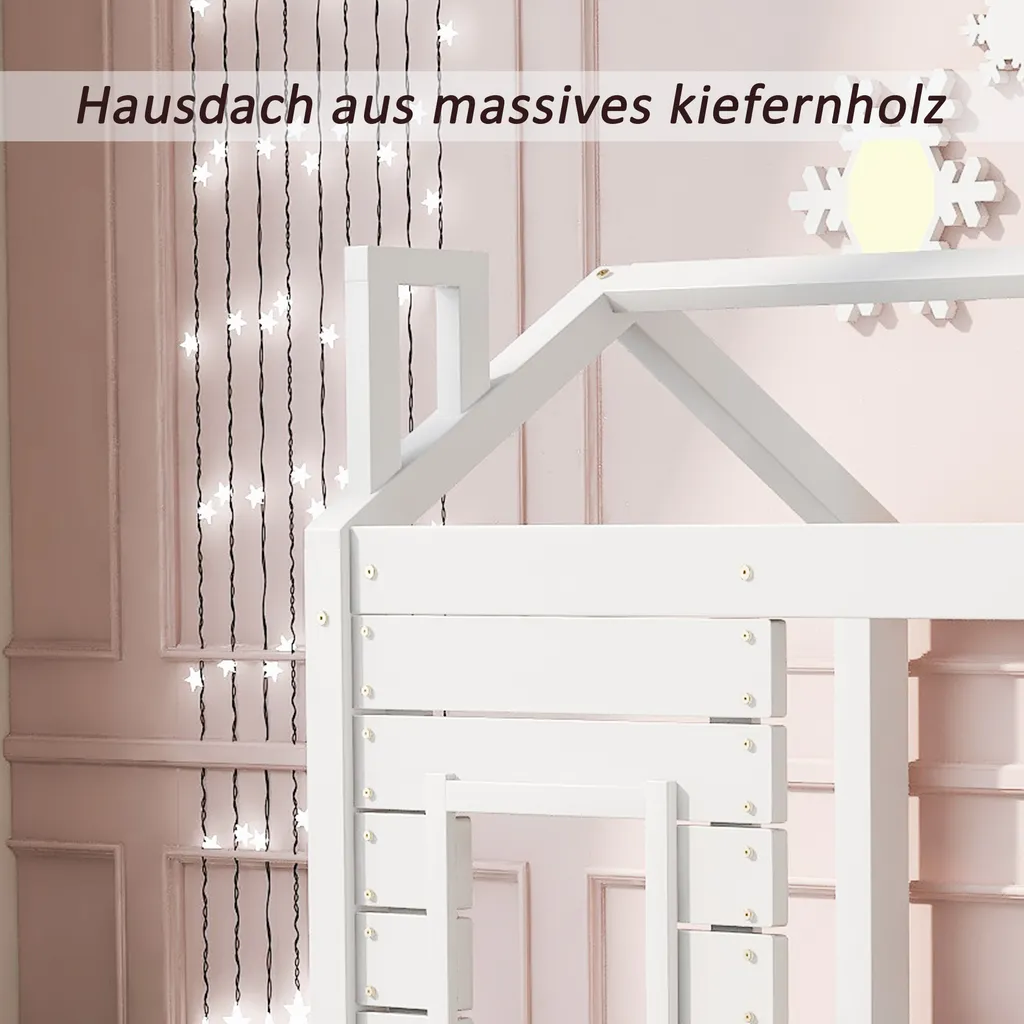 Merax Kinderbett Hausbett Mit Rausfallschutz Und Schubladen, Massivholz Spielbett 160x80 Cm Babybett Mit Lattenrost Und Fenster, Weiß – Bild 9