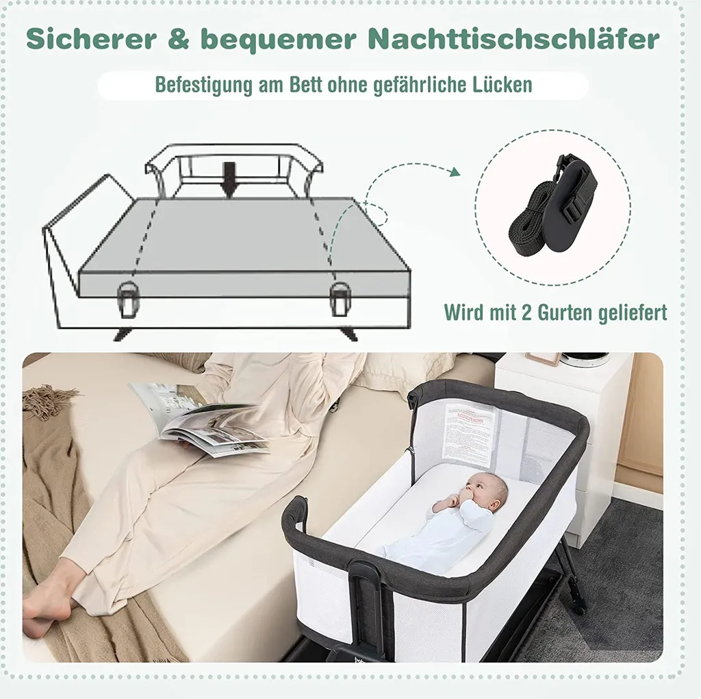 COSTWAY 2 In 1 Beistellbett & Stubenwagen Klappbar, Tragbare Babybett Mit 7 Verstellbaren Höhen & Matratze & Tragetasche & Gurte, Verstellbare Reisebett Für Neugeborene Bis 6 Monate (Dunkelgrau) – Bild 6