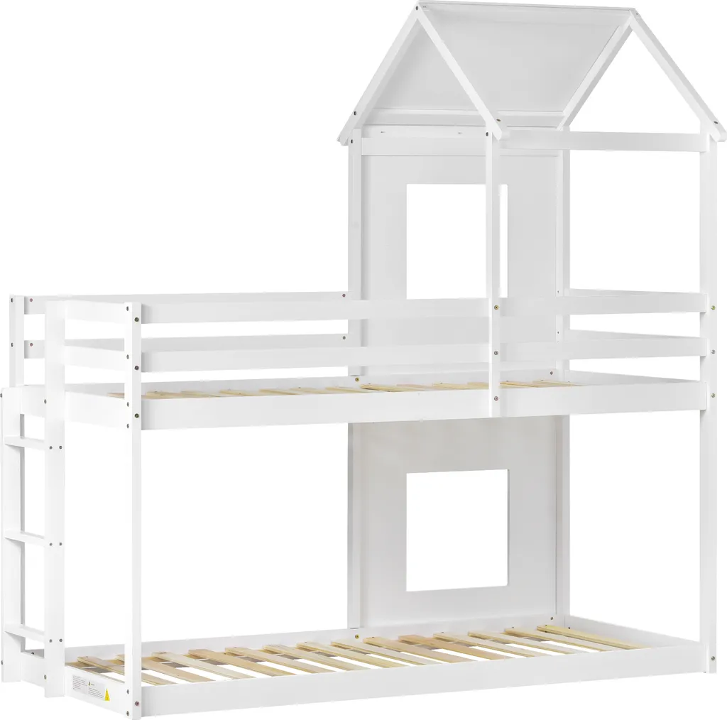 Merax Etagenbett 90x200 Cm Hochbett Mit Treppe Und Lattenrost, Dach Und Rausfallschutz, Kieferholzbett Kinderbett Für 2 Kinder, Weiß – Bild 12