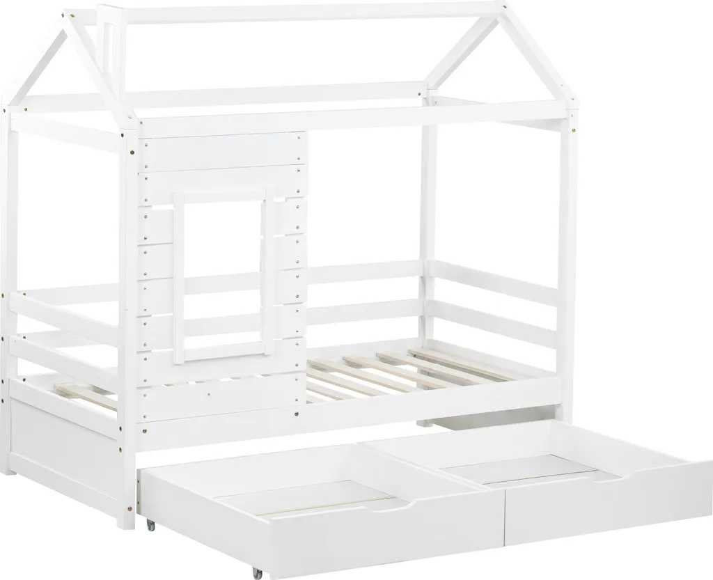 Merax Kinderbett Hausbett Mit Rausfallschutz Und Schubladen, Massivholz Spielbett 160x80 Cm Babybett Mit Lattenrost Und Fenster, Weiß – Bild 14