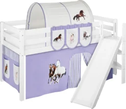 Spielbett JELLE 90 X 200 Cm Pferde Lila Beige - Hochbett LILOKIDS - Weiß - Mit Schräger Rutsche Und Vorhang