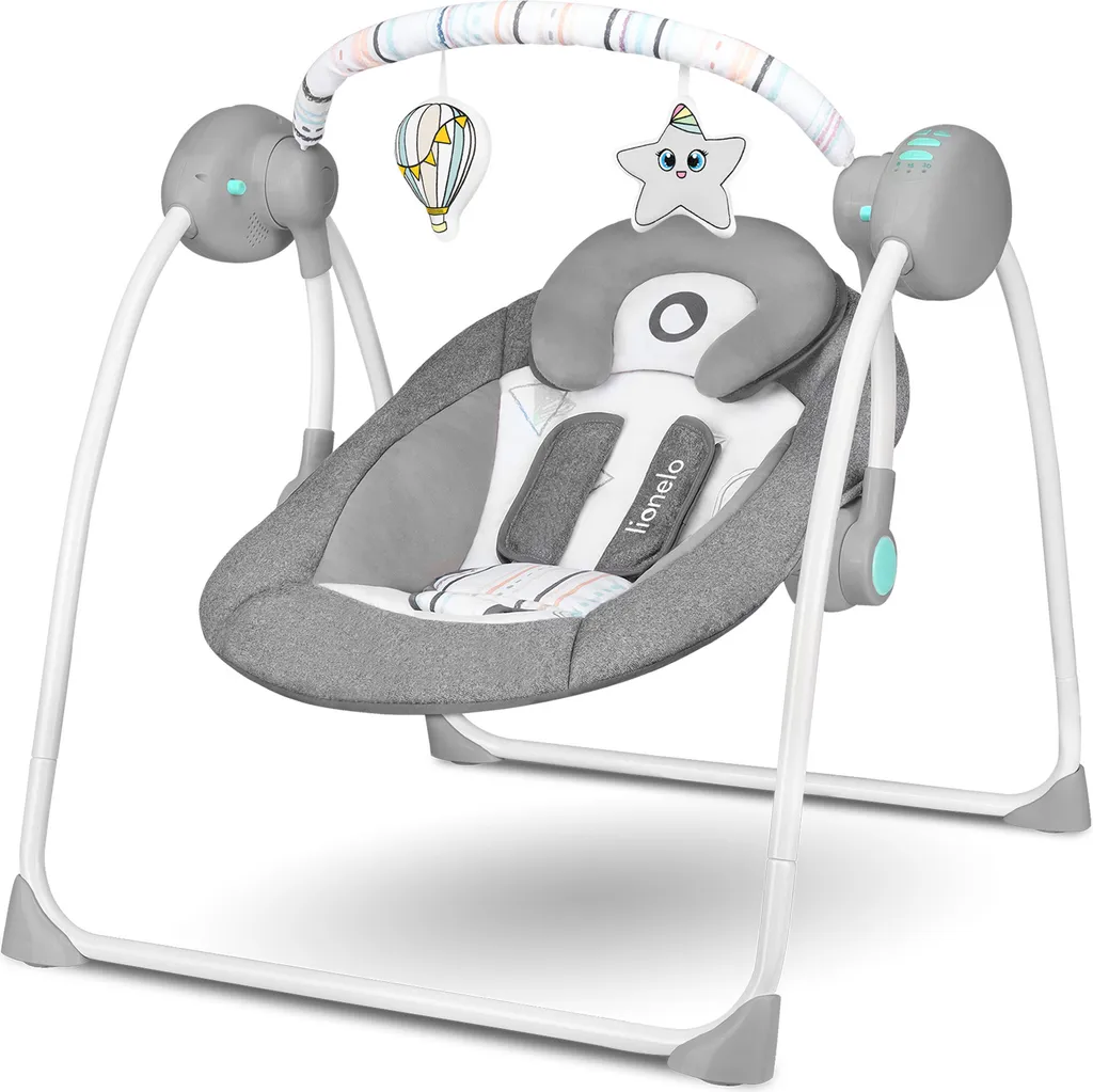 Lionelo Ruben Baby Wippe Babyschaukel Elektrisch Mit Liegefunktion Von 0 Bis 9 Kg Moskitonetz Kuscheltierbügel Dunkelgrau-Türkis – Bild 2