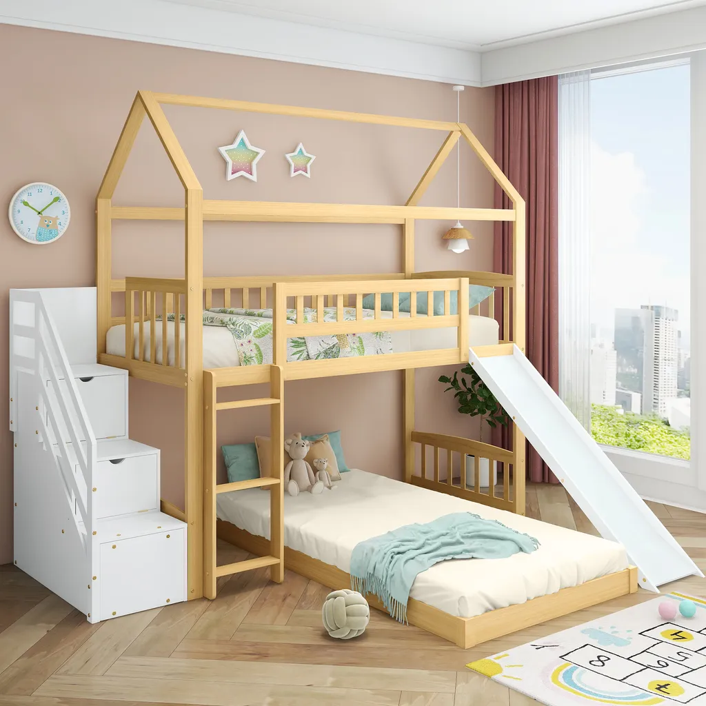 Merax Etagenbett 90x200cm Kinderbett Mit Rutsche, Treppe Mit Stauraum, Fallschutz Und Handlauf, Hausbett Aus Massivholz In Natur Und Weiß, 2 Einzelbetten Stockbett Für Kinderzimmer – Bild 14