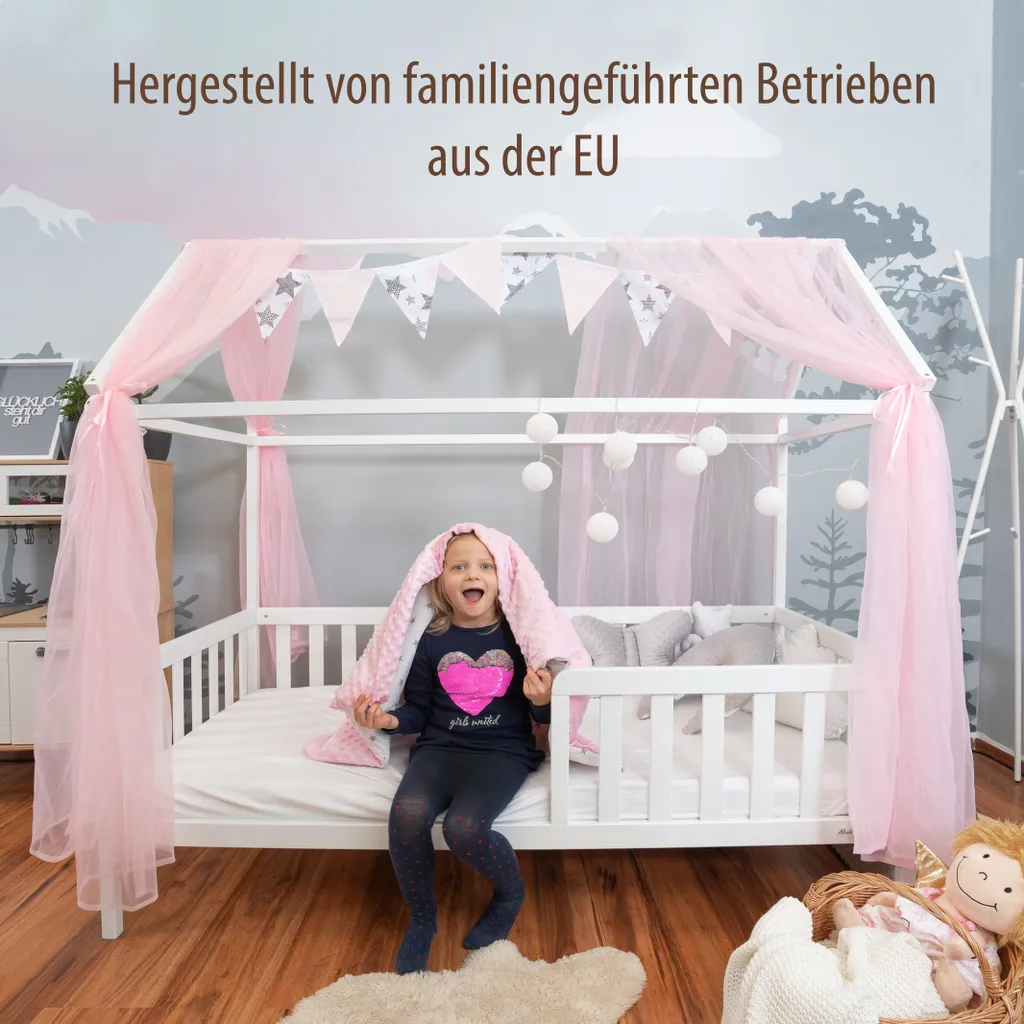 Alcube® Hausbett Deko-Set In Rosa Für Hausbetten Kinderbetten I 3er-Set Baldachin, Wimpelkette Und Lichterkette – Bild 4