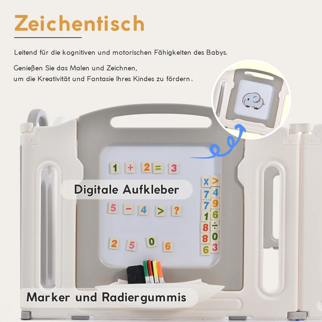 Merax Laufgitter Faltbar Laufstall Baby Absperrgitter 13+2 Paneele Schutzgitter Mit Schaukeln, Rutsche, Basketballkorb, Pinsel Und Zeichenbrett, Krabbelgitter 5-in-1 Laufgitter Für Kinder, Grau – Bild 8