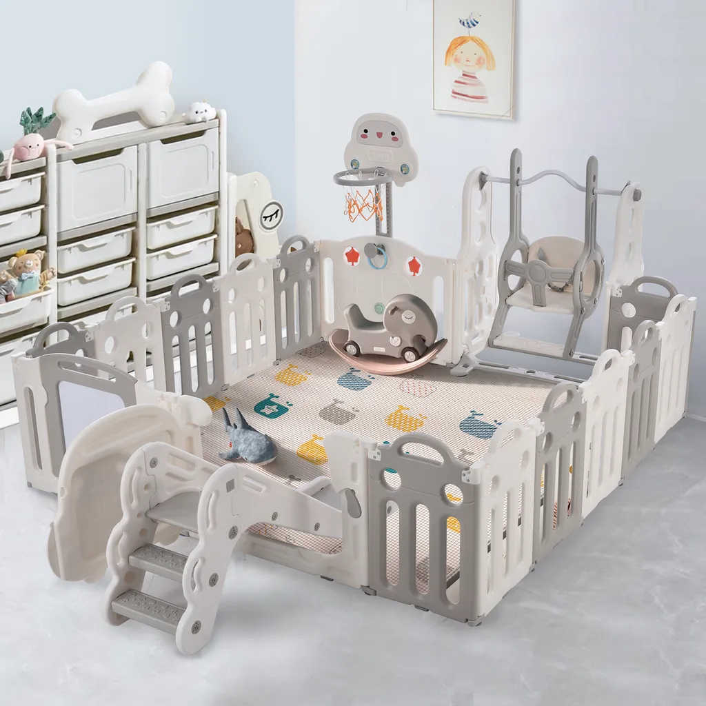 Merax Laufgitter Faltbar Laufstall Baby Absperrgitter 13+2 Paneele Schutzgitter Mit Schaukeln, Rutsche, Basketballkorb, Pinsel Und Zeichenbrett, Krabbelgitter 5-in-1 Laufgitter Für Kinder, Grau – Bild 14