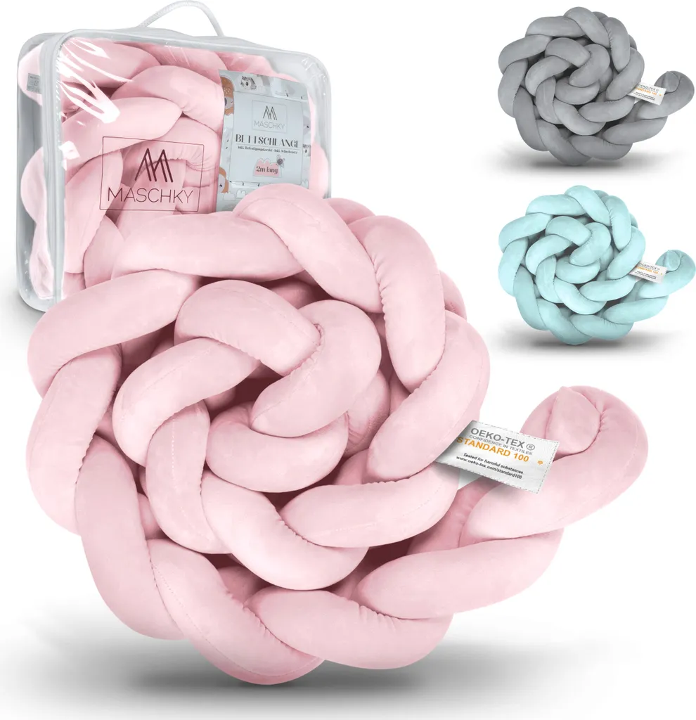MASCHKY | Bettschlange Geflochten – Bettumrandung Babybett 2m Rosa – Weiches Nestchen Baby + Wäschenetz – Babybett Umrandungen + Tragetasche