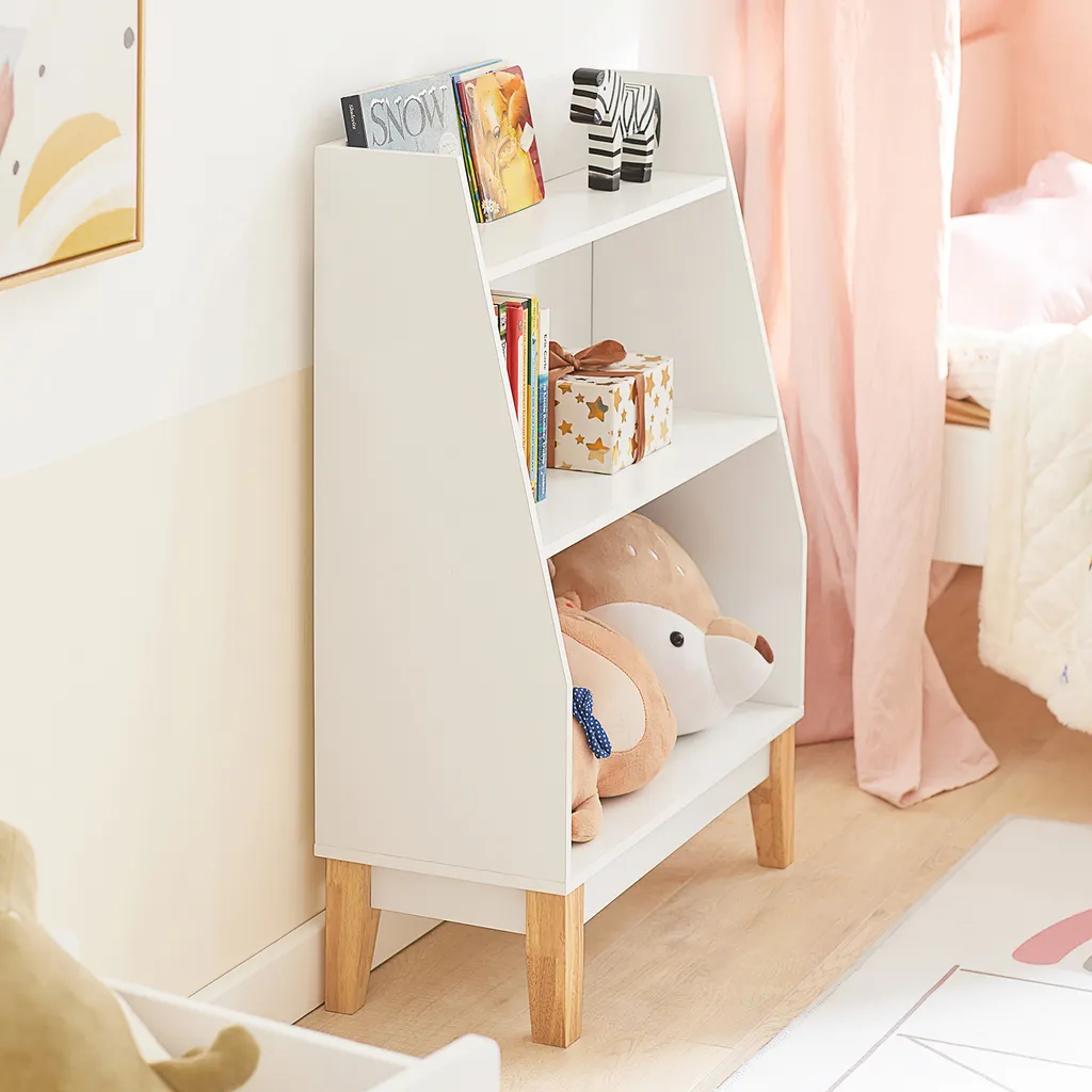 SoBuy KMB47-W Kinderregal Mit 3 Fächern Bücherregal Aufbewahrungsregal Für Kinder Standregal Mit Massivholzbeine Weiß BHT Ca.: 60x80x25cm – Bild 3