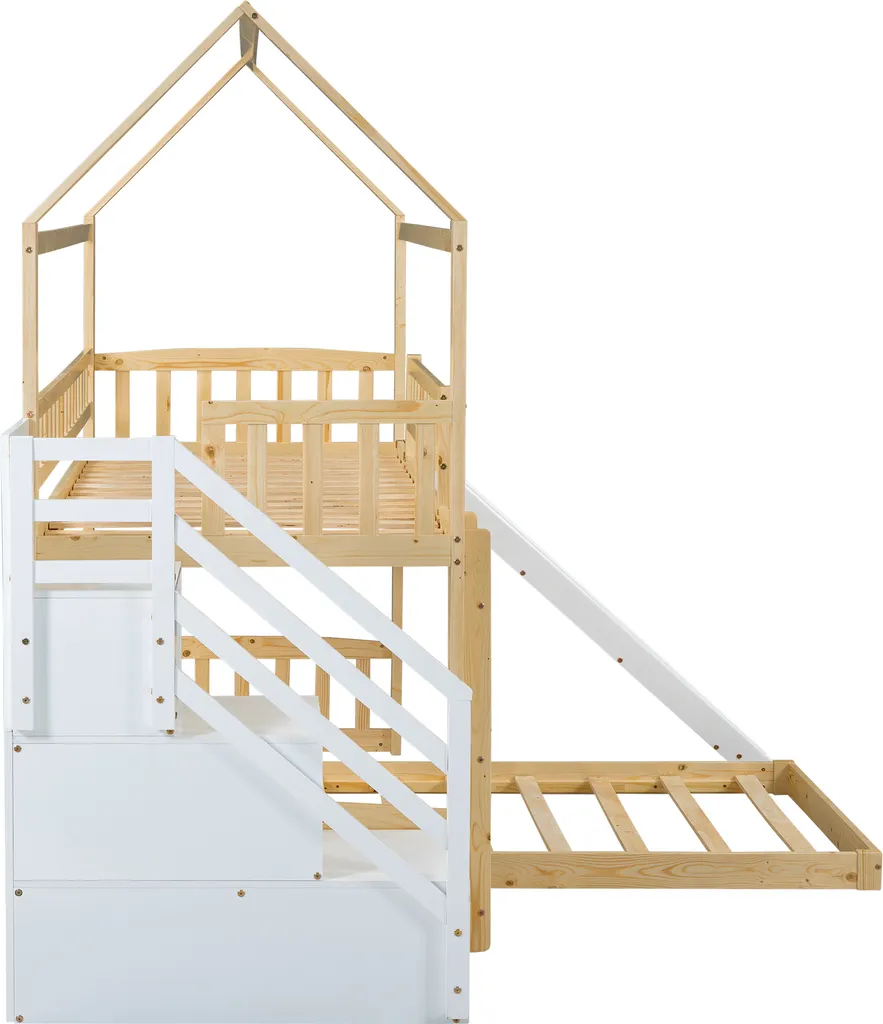 Merax Etagenbett 90x200cm Kinderbett Mit Rutsche, Treppe Mit Stauraum, Fallschutz Und Handlauf, Hausbett Aus Massivholz In Natur Und Weiß, 2 Einzelbetten Stockbett Für Kinderzimmer – Bild 12