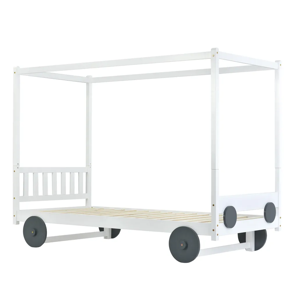 Merax Kinderbett 90x200cm Autobett Mit Lattenrost Und Rädern, Abnehmbarer Rahmen, Rahmen Aus Kiefer, Einzelbett Jungenbett Babybett Für Mädchen Und Jungen, Weiß – Bild 9
